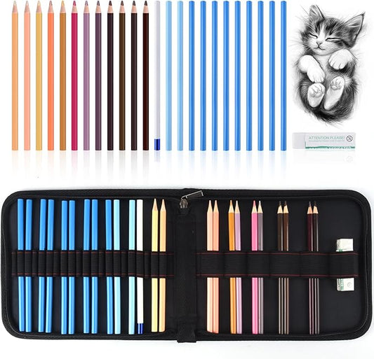 Mifuner Professional Drawing Set, 12 Colored Pencils & 12 Graphite Pencils with Eraser & Case, Art Supplies for Sketching Shading Blending, Gifts for Artists Adults Beginners.Skin Black