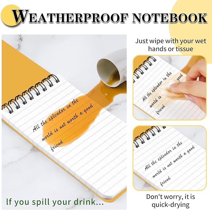 COIDEA Waterproof Notebook, 4 Pack Top-Spiral Pocket Notepad, 3" x 5" Weatherproof NotePad, All Weather Police Pocket Notebook Little Memo Steno Note Pads for Outdoor Office School Recording, Yellow
