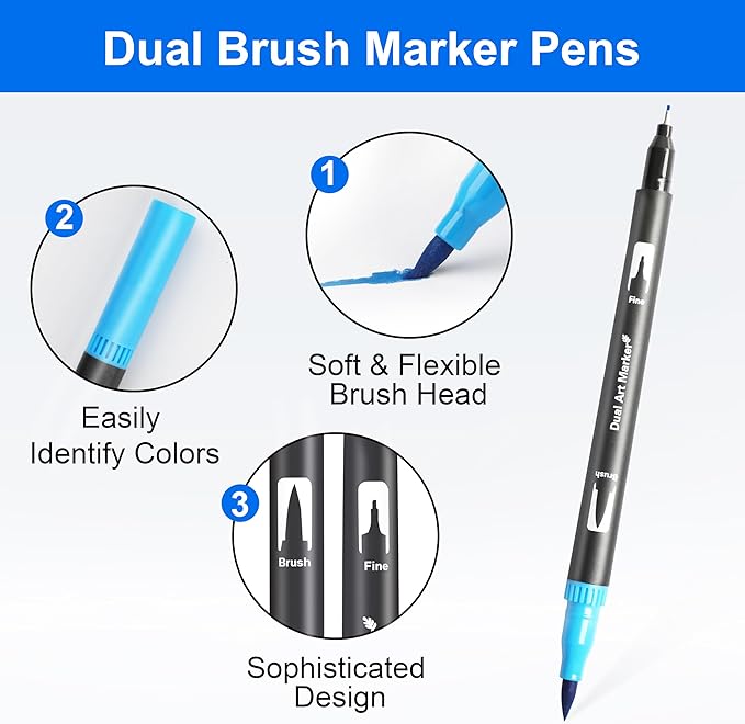 Halobios Dual Brush Marker Pens, 24 Colors Art Markers with Fine and Brush Tip Coloring Markers for Adults, Marker for Journaling Calligraphy Drawing Sketching Doodling Illustrating