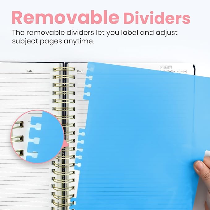 Large Spiral Notebook with Dividers & Tabs, 8.5" x 11" Hardcover 5 Subject Notebook for Work, 280 Pages, College Ruled, Cute Journal for Women, Perfect for Study & Office Note Taking, Humming Glow