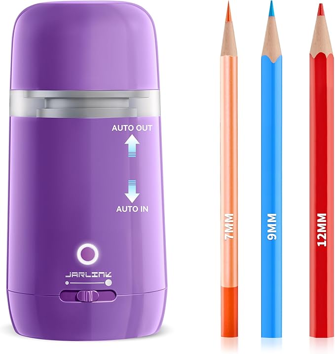 JARLINK Automatic Electric Pencil Sharpener - Hands-Free Operation, 3 Sharpness Modes, 3-Second Sharpening, Rechargeable & Portable for 7-12mm Pencils, Ideal for Classroom and Home Use (Purple)