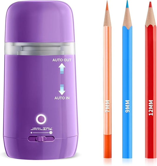 JARLINK Automatic Electric Pencil Sharpener - Hands-Free Operation, 3 Sharpness Modes, 3-Second Sharpening, Rechargeable & Portable for 7-12mm Pencils, Ideal for Classroom and Home Use (Purple)