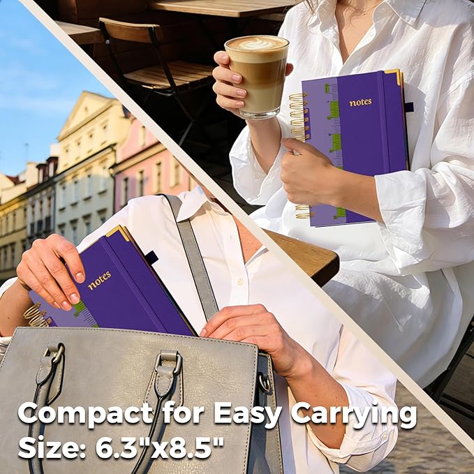 XYark A5 Hardcover Spiral Notebook, 6.3"x8.5" College Ruled Notebooks with Removable Dividers Tabs & Ruler, 5 Subject Notebook 300 Pages, Small Lined Journal for Women Men School Work Office, Purple
