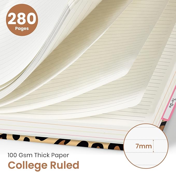 Large Spiral Notebook with Dividers & Tabs, 8.5" x 11" Hardcover 5 Subject Notebook for Work, 280 Pages, College Ruled, Cute Journal for Women, Perfect for Study & Office Note Taking, Leopard