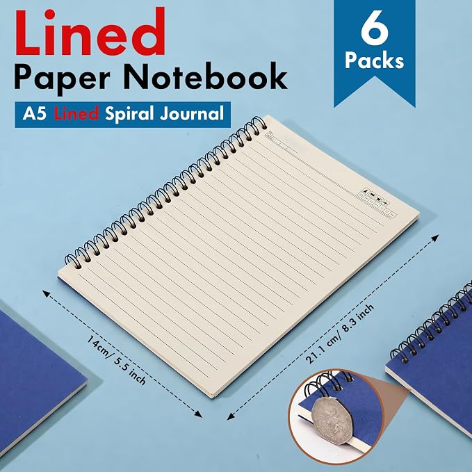 Epakh 6 Pack Spiral Notebook Bulk, Back to School Hardcover Spiral Journal Notebook 5.5 x 8.3 Inch, First Day of School Travel Writing Journal Notepad, 50 Sheets 100 Pages(Lined,Navy Blue)