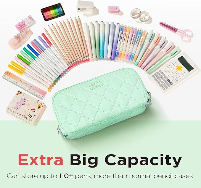 Sooez Large Pencil Case Pouch, Extra Big Pencil Bag with 8 Compartments, Pen Bag Wide Opening, Soft Quilted Pencil Pouch Organizer with Zipper, Portable Pencil Case for Teen Girls, Green
