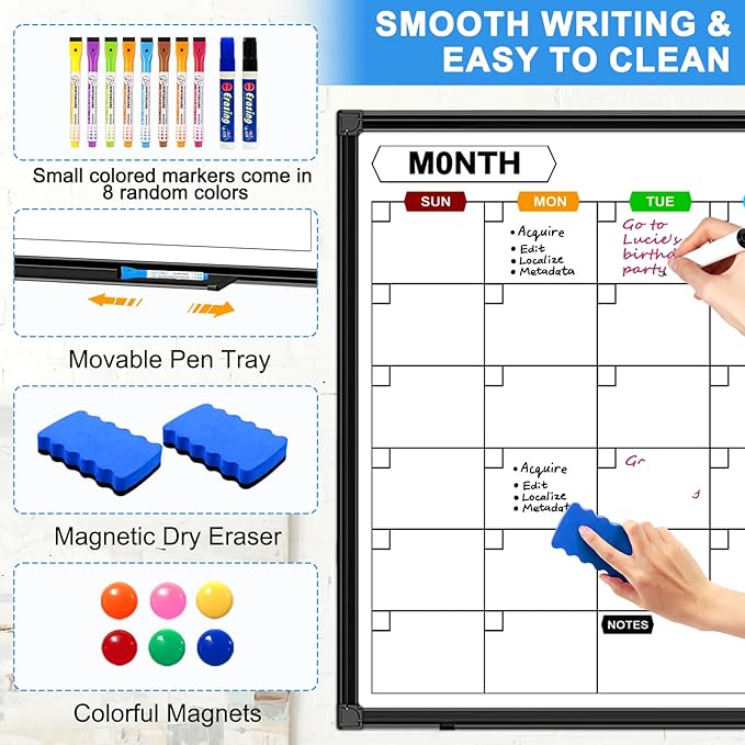 Dry Erase Calendar Whiteboard for Wall 36" x 24", Magnetic Monthly White Board Calendar Dry Erase with Tray, Black Aluminum Frame Bulletin Board for Office Home and School