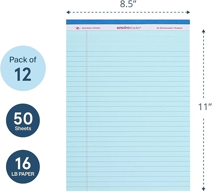 ROARING SPRING Enviroshades Blue Legal Pads, 12 Pack, Legal Ruled Recycled Colored Writing Note Pads, 8.5" x 11", 50 Sheets, Perforated Paper, Made in USA, Memo Pad For School & Office