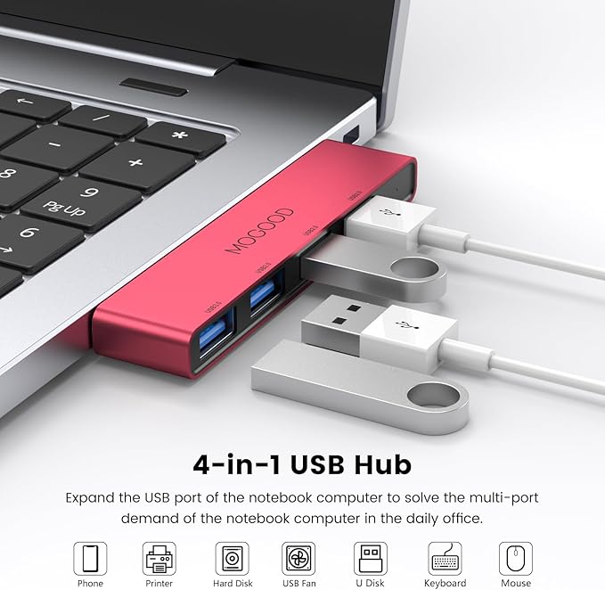 MOGOOD USB 3.0 Hub, 4-Port USB, Ultra-Slim USB Splitter for Laptop, No Cable, Flush Fit, Plug & Play Data USB Expander for Mouse, Keyboard, Flash Drive, Printer – Right Side