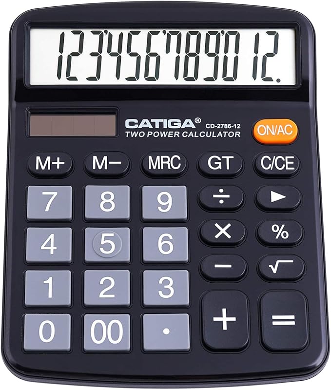 CATIGA 12 Digit Desk Calculator, Desktop Calculators with Large LCD Display & Big Buttons, Dual Power Solar & Battery, Standard Basic 4 Function Calculator for School, Office, Home