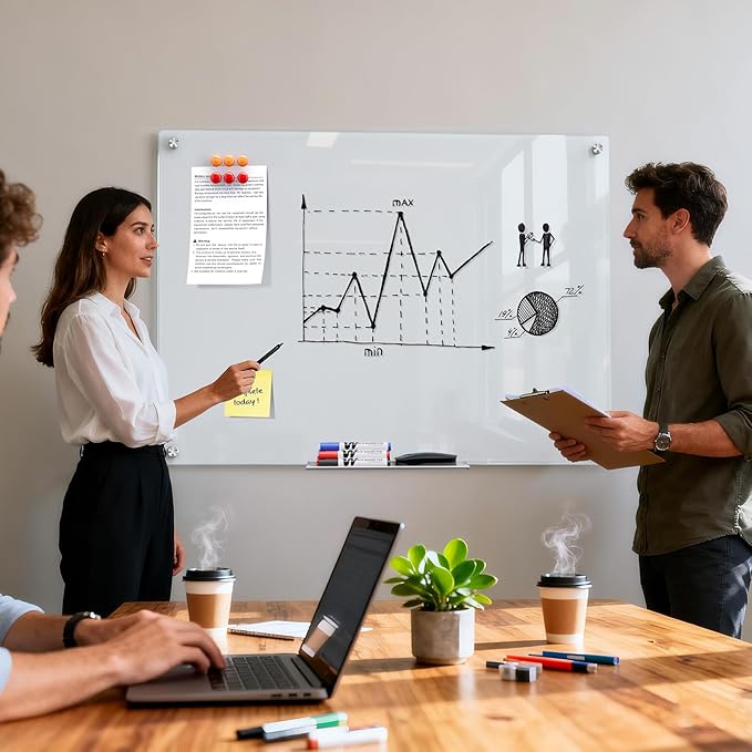 MaxGear Glass Whiteboard 48 x 36 Inch, Tempered Glass Dry Erase Board, Frameless Wall Mounted Magnetic Whiteboard for Office, Home Office, Classroom, Small Team Collaboration