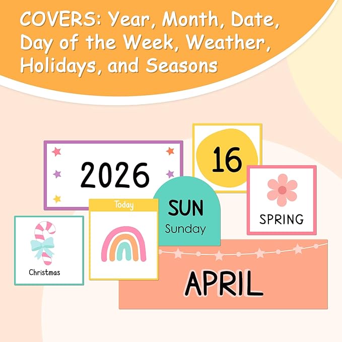 Classroom Calendar Pocket Chart with 96 Laminated Cards, 46 Clear Pockets & 3 Storage Pockets, Ideal for Preschool Homeschool Learning