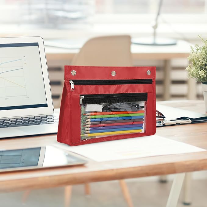 YoeeJob 2 Pack Expandable Pencil Pouches for 3 Ring Binders, Red | 1-inch expansion, 2 clear PVC pockets, 3 holes, large-capacity storage for school and office supplies.