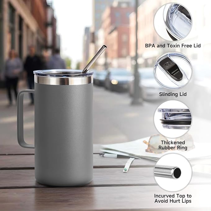 Volhoply 22oz Insulated Stainless Steel Coffee Mugs with Leakproof Lid Bulk 2 Pack,Double Wall Vacuum Travel Coffee Cup with Handle,Reusable Metal Tumbler,Camping Mug Keep Hot&Cold(Gray,2)