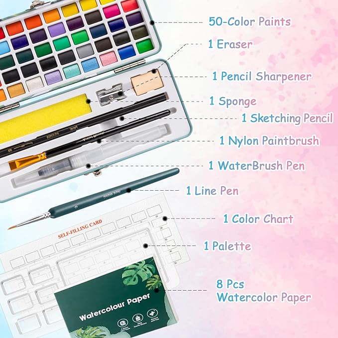 Prudiut 50 Colors Watercolor Paint Set, With Watercolor Paper, Palette, Brushes, Water Color Art Supplies for Beginner Artists Adults Mothers Day Gifts for Mom