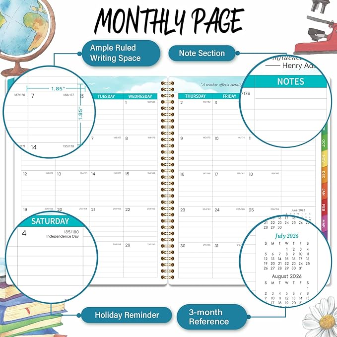 2026-2027 Teacher Planner, July 2026 - June 2027, Lesson Planner 2026-2027, 8.5" x 11", Colorful Monthly Tabs, Spiral Bound