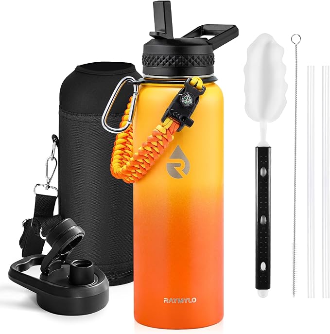 RAYMYLO Insulated Water Bottle 40 oz, Triple Wall Vacuum Stainless Steel (Cold for 36Hrs, Hot for 18Hrs), Leak Proof & Non-BPA, Modern Water Flask Jug with Paracord Handle & Straw Spout Lids