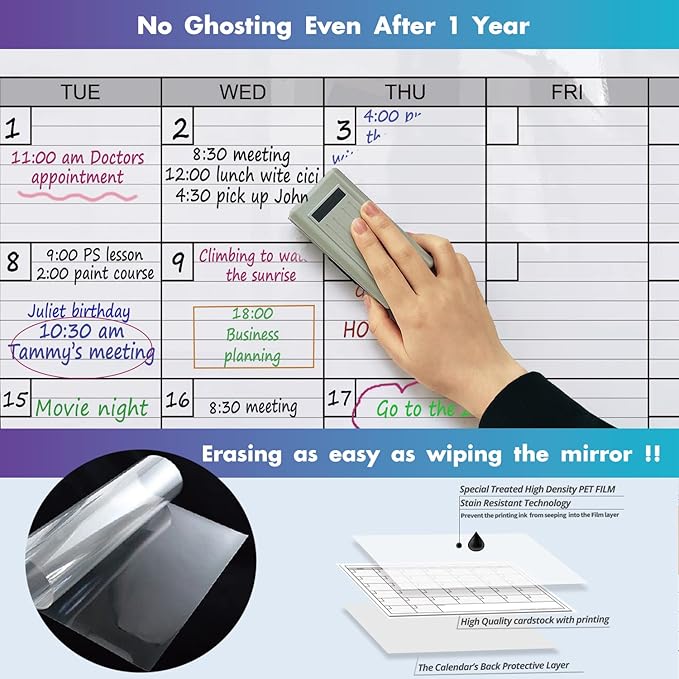 Dry Erase Monthly Extra Large White Board Calendar for Wall, 38" by 50", Jumbo Laminated Erasable One Month Whiteboard Calendar, Huge Oversized Blank 30-Day Poster with Lines and Squares