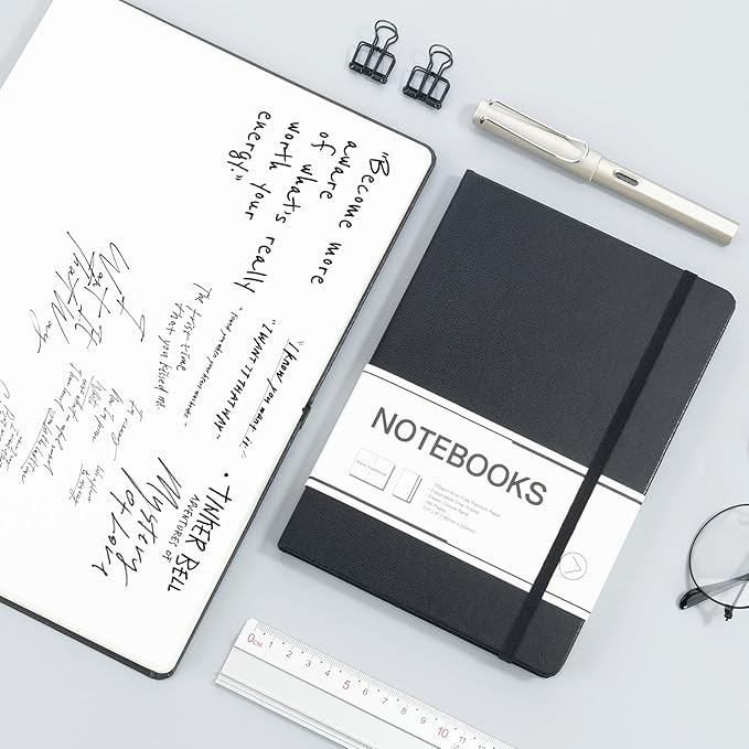 M&G Blank Journal Notebook, 160 Pages, A5 Medium Size 5.6" x 8" for Men Women, 100GSM Thick College Ruled Paper for Journaling, Writing, Sketching, Leather Hardcover, Black