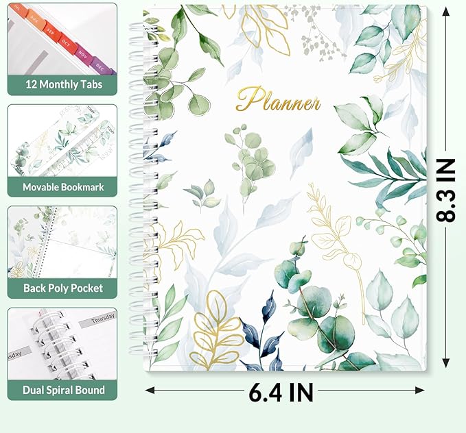 SUNEE Academic Planner 2026-2027 – Weekly & Monthly Planner, July 2026 to June 2027, 6.4"x8.3", Thick Paper, Tabs, Pockets, Bookmark, Spiral-Bound, Student Teacher Organizer, Greenery