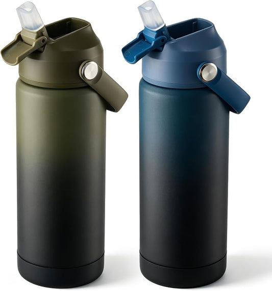 Fijinhom 18 oz Insulated Water Bottle with Straw Lid, Stainless Steel Water Bottles, Double Wall Vacuum, Portable Handle & Non-slip Bottom, BPA Free Leak Proof Metal Bottles (Green+Black/Blue, 2pack)