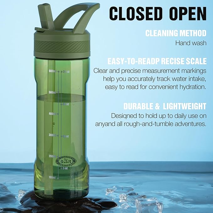 OLDLEY 20oz Kids Water Bottle with Straw, BPA-Free Tritan Water Bottle for School, Leakproof Clear Water Bottle with One Click Open, Measurement Scale, Cup Holder Friendly for Boys Girls,Army Green