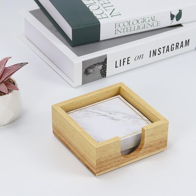 MultiBey Rubberwood Sticky Note Holder - Handcrafted Solid Wood Note Dispenser with Sheets, U-Shaped Easy Access Design & Non-Slip Base for Minimalist Office Desk Decor (3x3 inch)