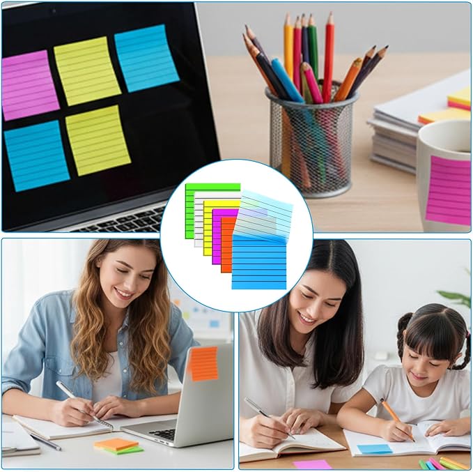 300 Sheets Lined Transparent Sticky Notes 3x3 Inch 6 Pack Clear Sticky Notes Reminder Tabs with Line Colorful Lined Post Note Reminder Tabs for Office Home College Meeting