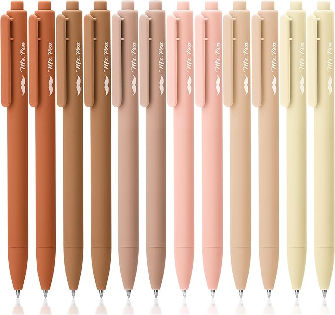 Mr. Pen- Retractable Gel Pens, 12 Pack, Black Ink, Natural Colors Barrels, Fine Point 0.5mm, Fast Dry, Smooth Writing, Cute Pens for Drawing, Writing Planner and School Supplies