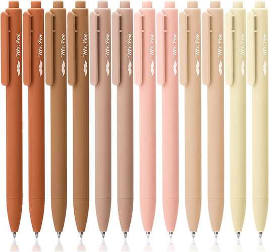 Mr. Pen- Retractable Gel Pens, 12 Pack, Black Ink, Natural Colors Barrels, Fine Point 0.5mm, Fast Dry, Smooth Writing, Cute Pens for Drawing, Writing Planner and School Supplies
