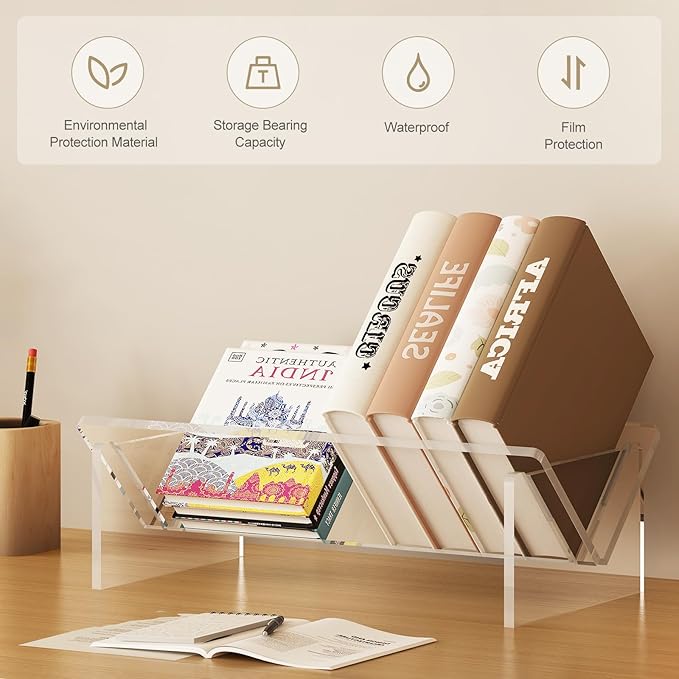 Clear Acrylic Small Bookshelf,Desk Bookcase for Kids Space-Saving Book Holder,Slanted Transparent Mini Book Storage Rack for Office Bedroom Living Room