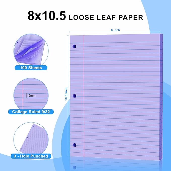 Purple Loose Leaf Paper 100 Sheets 8" x 10.5" Filler Paper, College Ruled 3-Hole Punched, Notebook Paper for 3-Ring Binders Notepad Writing Note Pads To-Do Lists for Office & School Supplies