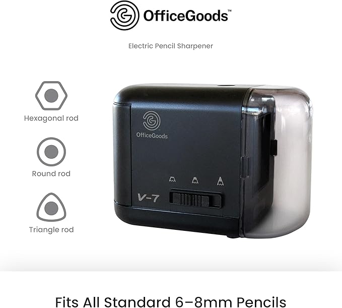 OfficeGoods Electric Pencil Sharpener - Battery or Cord Powered Portable Sharpener - Perfectly Sharpens Colored Pencils, Drafting Pencils for Kids, Adults, Office, School and Home - Black