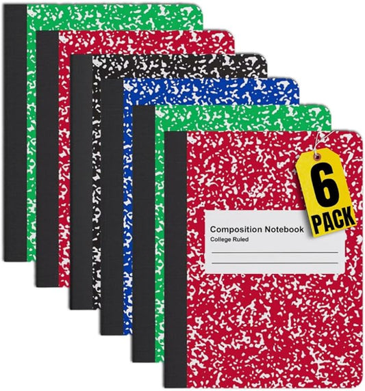 1InTheOffice College Ruled Composition Notebook, Hard Cover Notebook, Marble Composition Notebook, 7.5" x 9.75", 100 Sheets, Assorted colors, 6 Pack