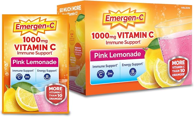 Emergen-C 1000mg Vitamin C Immune Support Powder Pink Lemonade 30CT includes Zinc, Manganese, 7 B Vitamins and Electrolytes for Back to School Essentials