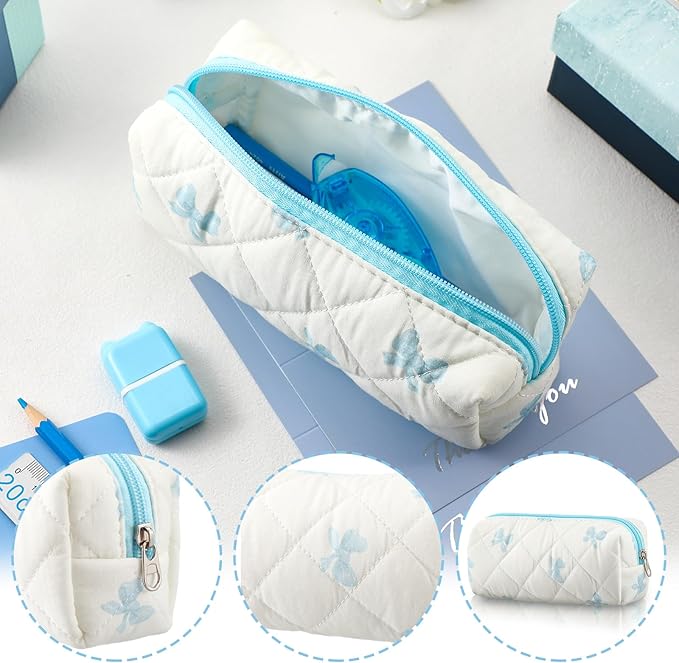 Sherr Coquette Bow Pencil Case Blue Bow Cute Pencil Pouch Soft Cotton Storage Bag Aesthetic Pattern Gift Makeup Pouch Cosmetic Bag for Women Adults