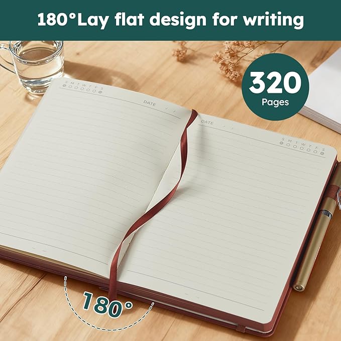 FOCUS DAY A5 Journal Notebook for Women Men, 320 Pages Lined Journaling Notebook with 100GSM Thick Paper, Hardcover Leather Note book for Work Writing Note Taking Diary, School, 5.7'' X 8.4'', Green
