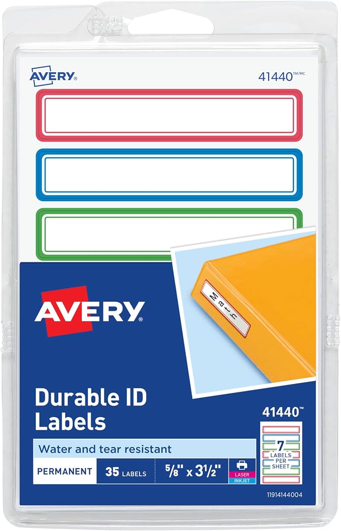 Avery Durable Labels for Kids' Gear, 5/8" x 3-1/2", Assorted Border Colors, Water-Resistant Labels, 35 Total (41440)
