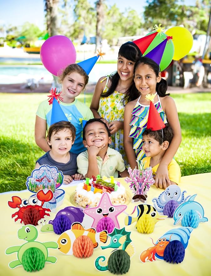 12 Pcs Under The Sea Party Decorations, Sea Animals Honeycomb Centerpieces Ocean Fish Centerpieces for Table Beach Table Decorations for Baby Shower Sea Creatures Theme Birthday Party Supplies