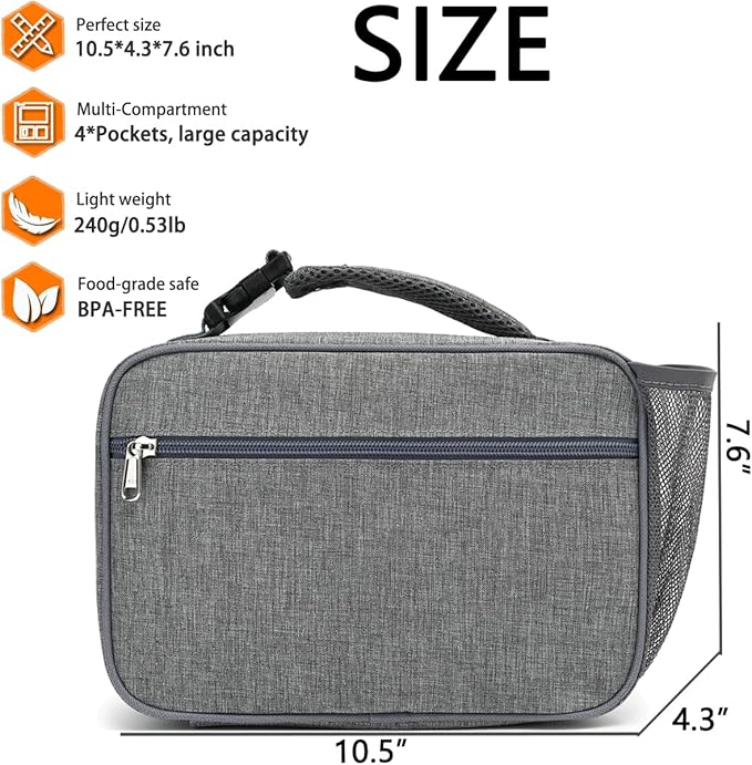 GYEUKHAM Insulated Lunch Box for School, Thermal Reusable Durable Freezable Lunch Bags for Kids Boys Girls Men Women - Small Soft Cooler Portable Lunch Tote Kit for Work Picnic Travel,Grey