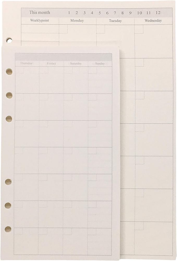 Zelten Refills/Loose Leaves for A6 Cover Ring Binder/Personal Organizer/Planner(A6 6 Holes, Monthly Plan)