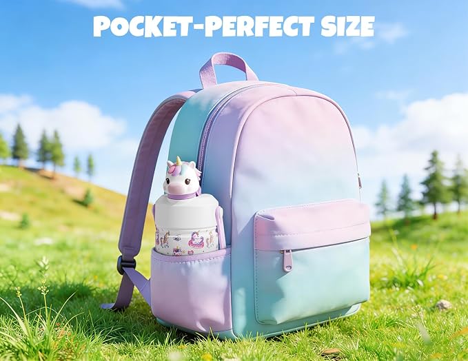 POWCAN 12 oz Kids Water Bottle for School: 2-in-1 Straw Spout Lid with Soft Animal Head, Leakproof, Keep Cold 24H, Backpack Friendly, BPA-Free, Stainless Steel Cup for Sports, Gift (Unicorn Starland)