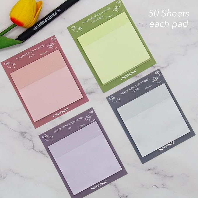PARTSPOWER Super Transparent Sticky Notes, Jewel Tones 4 Packs 3X3 Inch See Through Annotating Sticky Notes for Annotating, Bible Study Supplies, Office School Supplies