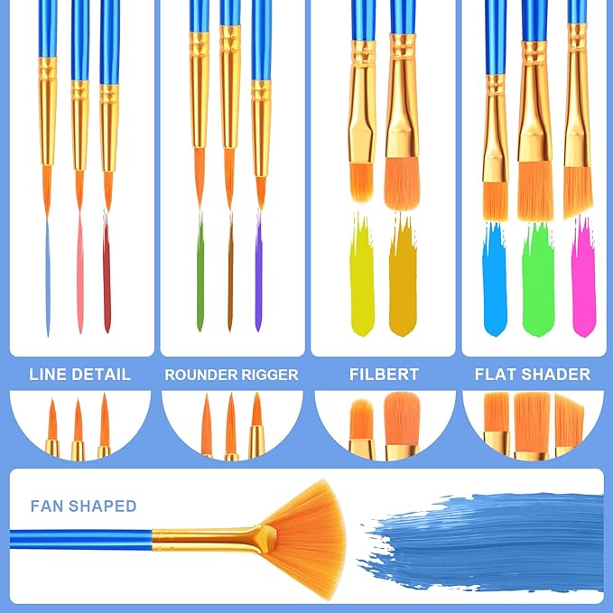ESRICH Paint Brushes Set,6pack 72pcs Nylon Hair Round-Pointed Tip Acrylic Paint Brushes for Watercolor Oil Rock Face Painting,12 Sizes Paint Brush for All Purposes Kids Adult Arts Painting Brush Kits