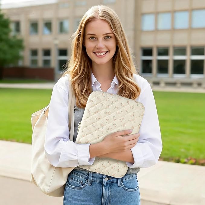 Puffy Laptop Sleeve 13-15.6 Inch Cute Quilted Laptop Protective Case Padded Floral Computer Sleeve for MacBook (B-Light Pink, 15 Inch)