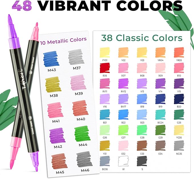 JusArt 48 Colors Acrylic Paint Markers Set with Canvas Bag, Dual Tips with Brush Tip & Fine Tip, No-Bleed, Waterproof, Non-Toxic & Odorless Paint Pens for Rock, Egg, Wood, Canvas, Glass, Ceramic, DIY