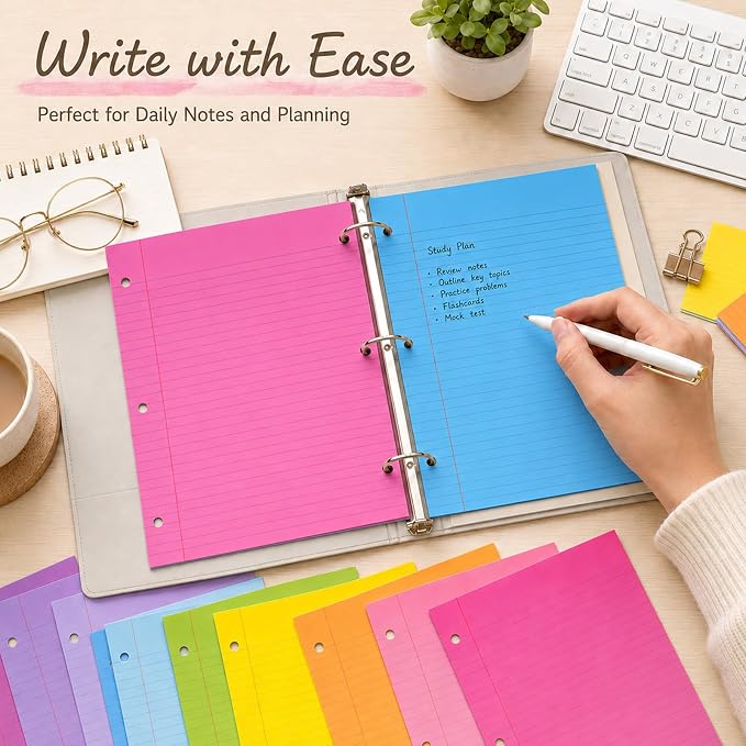 gisgfim 100 Sheets 3 Hole Punched Lined Refill Paper 8 x 10.5 Inch Loose Leaf Paper 3-Ring Binders College Ruled Notebooks Planner Inserts Thicken for Writing School Office Home Supplies(Colorful)