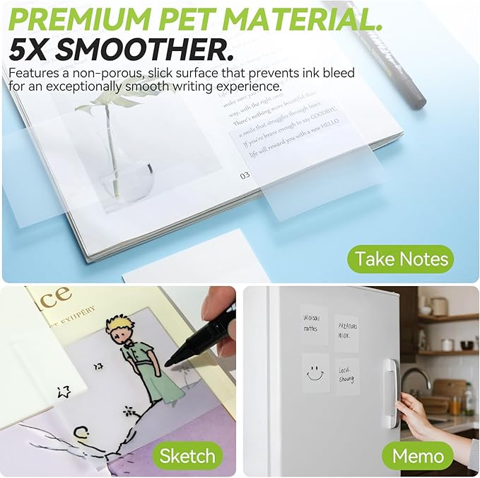 6 Pads Transparent Sticky Notes with Marker, Tecolu Clear Sticky Note 3x3, 5X The Sticking Power Translucent Bible Sticky Note, Waterproof & See-Through for Books Annotation School Office Supplies