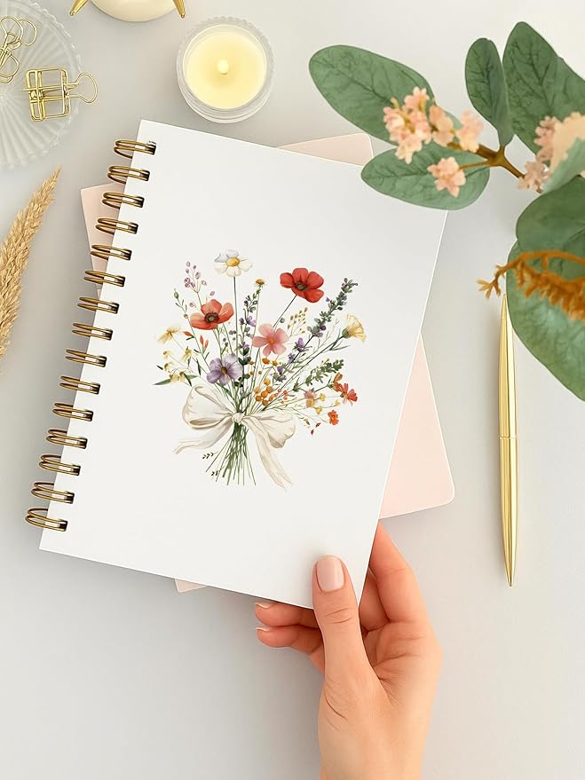 Wildflower Floral Spiral Notebook, Rustic Botanical Flower Journal, Cottagecore Colorful Floral Journal for Women, Preppy Bow Flower Aesthetic Notebook 5.5x8.3 Inch-372