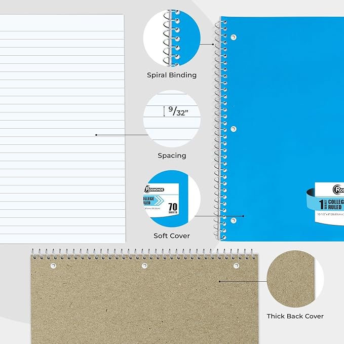 Rosmonde Spiral Notebook, 24 Pack, 1 Subject, College Ruled, 70 Sheets, 8 x 10-1/2",Bulk College Ruled Spiral Notebook for School, 3 Hole Punched, Single Subject Notebook Bulk, Assorted Colors